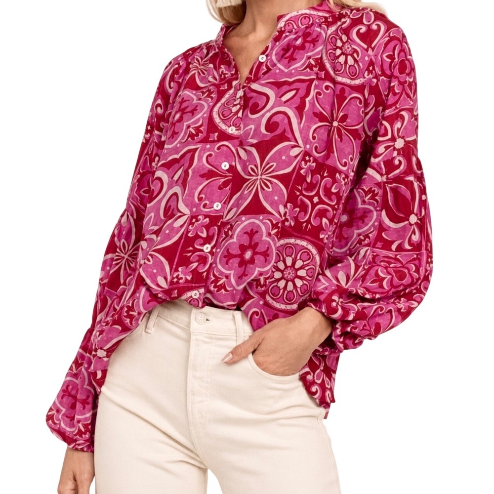 Olivia James Emory Blouse Pink Red Button Medallion Print Balloon Long Sleeve M